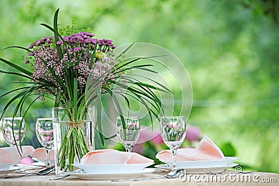 Fine Banquet Table Setting With Bouquet Stock Photo