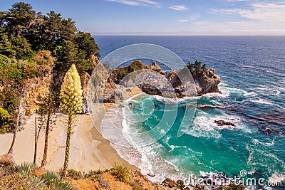 Fine beach and falls on Pacific coast Stock Photo