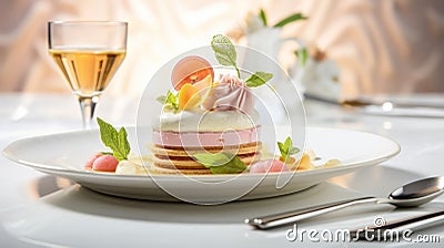 Fine dessert decorated with eatable flowers and served on a plate Stock Photo