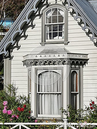 Fine details of an old French style villa in Akaroa, Canterbury region of the South Island of New Zealand Editorial Stock Photo