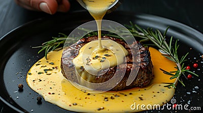 Fine dining chef crafting grilled steak in creamy lemon butter or cajun spicy sauce with herbs Stock Photo