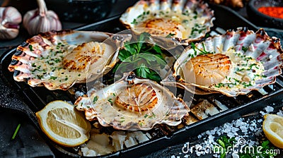 Fine dining chef grilling scallops in creamy butter lemon or cajun sauce with flavorful herbs Stock Photo