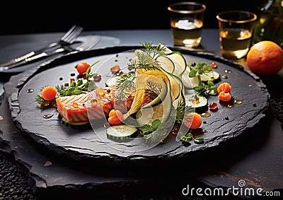 Fine dining restaurant meal with seafood salmon tuna and vegetables on blackstone plate.Macro.AI Generative Stock Photo