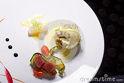 Fine dining seafood appetizer with Tuna Sashimi Stock Photo