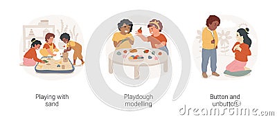 Fine motor skills in childcare isolated cartoon vector illustration set. Vector Illustration