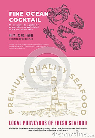 Fine Ocean Seafood Cocktail. Abstract Vector Packaging Design or Label. Modern Typography and Hand Drawn Crab, Shrimp Vector Illustration