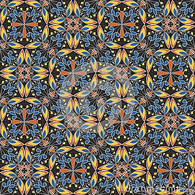 Fine oriental colorful carpet or ceramic ornament in orange and blue colors with white curves on black background Vector Illustration