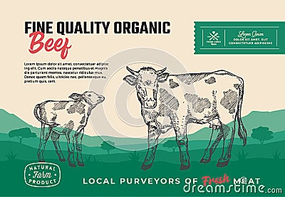 Fine Quality Organic Beef. Abstract Vector Meat Packaging Design or Label. Modern Typography and Hand Drawn Cow with Vector Illustration