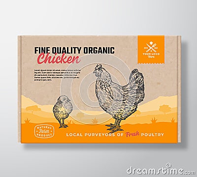 Fine Quality Organic Chicken. Vector Meat Packaging Label Design on a Craft Cardboard Box Container. Modern Typography Vector Illustration