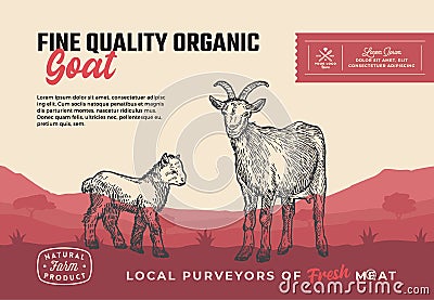 Fine Quality Organic Goat. Abstract Vector Meat Packaging Design or Label. Modern Typography and Hand Drawn Goat with Vector Illustration