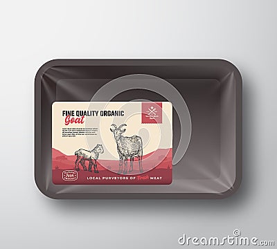 Fine Quality Organic Goat. Abstract Vector Meat Plastic Tray Container with Cellophane Cover. Packaging Design Label Vector Illustration