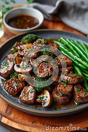 Finely chopped pieces of grilled beef with green beans on a plate Stock Photo