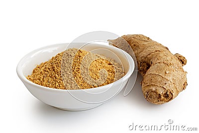 Finely ground dry ginger in white ceramic bowl isolated on white Stock Photo