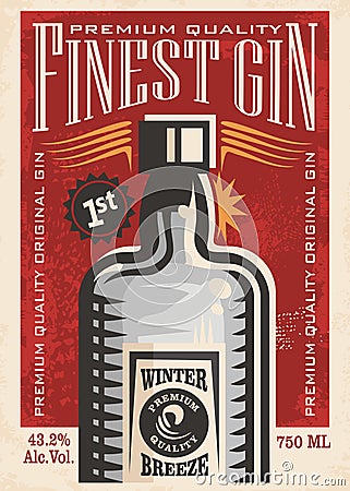 Finest gin retro poster ad with gin bottle on old paper texture Vector Illustration