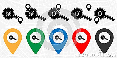 Fing bug, search icon in location set. Simple glyph, flat illustration element of web design development theme icons Cartoon Illustration