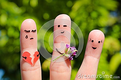 Finger art of family. Man gives bouquet of flowers to another woman. Stock Photo