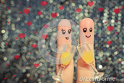 Finger art of a Happy couple. Couple making good cheer. Two glasses of champagne. Valentine's day. Stock Photo