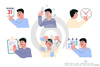 Finger of business man point at dates. Young man looking at alarm clock with fear being late. Reminder concept Vector Illustration