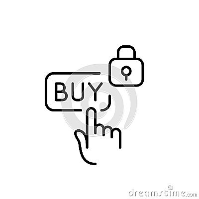 Finger clicking on buy button and lock. Secure checkout, encrypted purchase. Pixel perfect vector icon Vector Illustration
