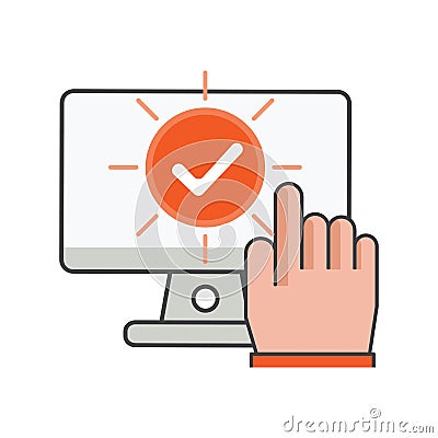 Finger clicking on computer with checmark icon. job done illustration. illustration. Flat vector icon. can use for, icon design Cartoon Illustration