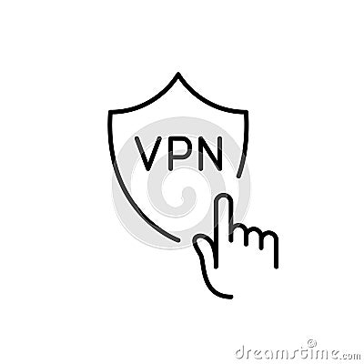 Finger clicking on VPN shield. Easy secure internet access. Encrypted channel. Pixel perfect vector icon Vector Illustration