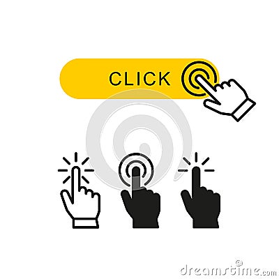 Finger clicks on yellow button and set hand pointer or mouse cursor push linear icon symbol Vector Illustration