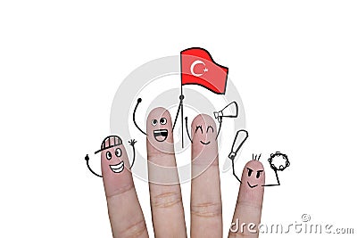 Finger concept cheer up team football with holds up flag Turkey. Stock Photo