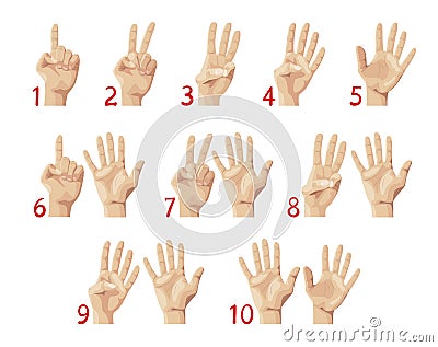 Finger Count, Hand Showing Numbers from One to Ten. Education, Palm Gestures or Countdown Concept. Preschool Mathematics Vector Illustration