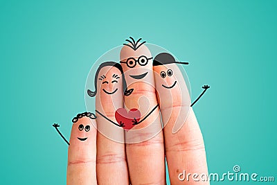 Finger family concept: Joyful finger family smiling. Blue background Stock Photo