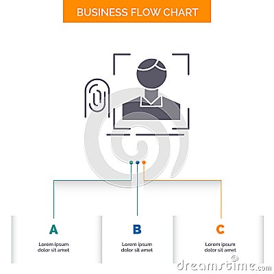 finger, fingerprint, recognition, scan, scanning Business Flow Chart Design with 3 Steps. Glyph Icon For Presentation Background Vector Illustration