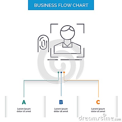 finger, fingerprint, recognition, scan, scanning Business Flow Chart Design with 3 Steps. Line Icon For Presentation Background Vector Illustration