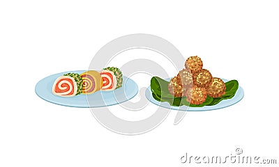 Finger Foods with Savory Mini Roll and Meat Balls as Small Portion of Food Vector Set Vector Illustration