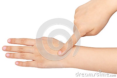 Finger gesture indicate what time it is Stock Photo