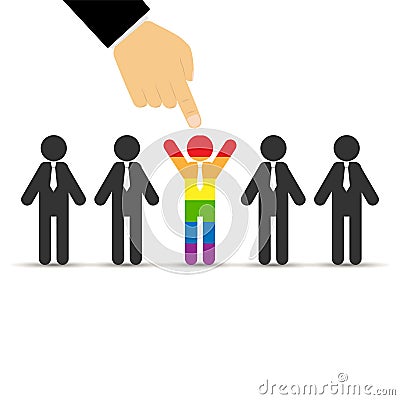 Finger of the hand points to a person painted in LGBT colors Vector Illustration