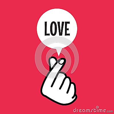 Finger heart sign symbol with love balloon text. Vector Illustration