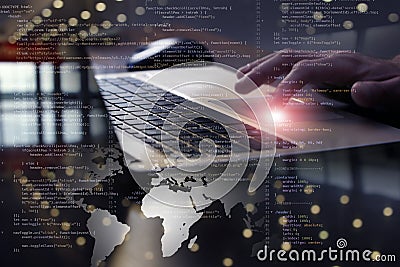 finger on laptop programming web coding Stock Photo