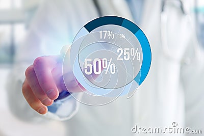 Finger of a man pointing on a blue survey graph interface - Tech Stock Photo