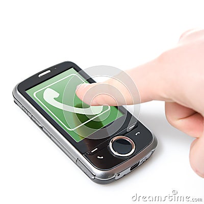 Finger and pda with incoming call Stock Photo