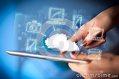 Finger pointing on tablet pc, mobile cloud concept Stock Photo