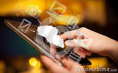 Finger pointing on tablet pc, mobile cloud concept Stock Photo