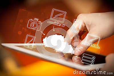 Finger pointing on tablet pc, mobile cloud concept Stock Photo