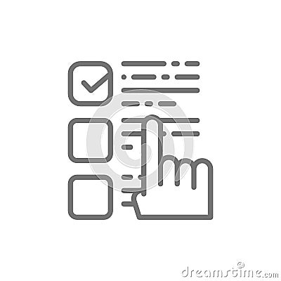 Finger points to a choice, check mark on ballot, election checklist line icon. Vector Illustration