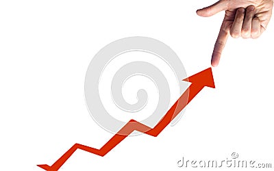 A finger points to a graph of a sustainable development concept, a concept with a chart going up showing growth, profit or success Stock Photo