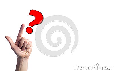 Finger points to question marks on white isolated background. concept of the question. the problem of choice, the answer to a ques Stock Photo