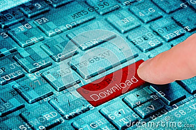 A finger press red download button on blue laptop keyboard Stock Photo