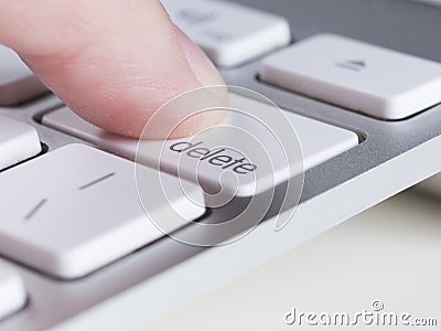 Finger is pressing delete key of computer keyboard Stock Photo