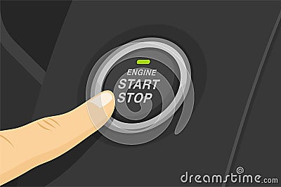 Finger pressing engine start and stop button. Flat vector illustration. Vector Illustration