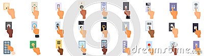Finger pressing wall button icons set. Collection of hands pressing buttons, symbolizing control, access, and activation Vector Illustration