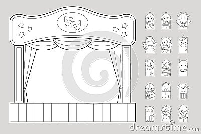 Finger puppet theater with fairy tale characters for paper cut kids activities. Colouring book Vector Illustration