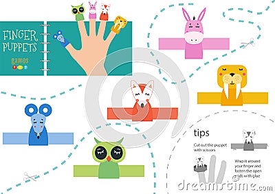 Finger puppet vector animals. Cut and glue educational worksheet with donkey, mouse, owl for little children. Vector Illustration